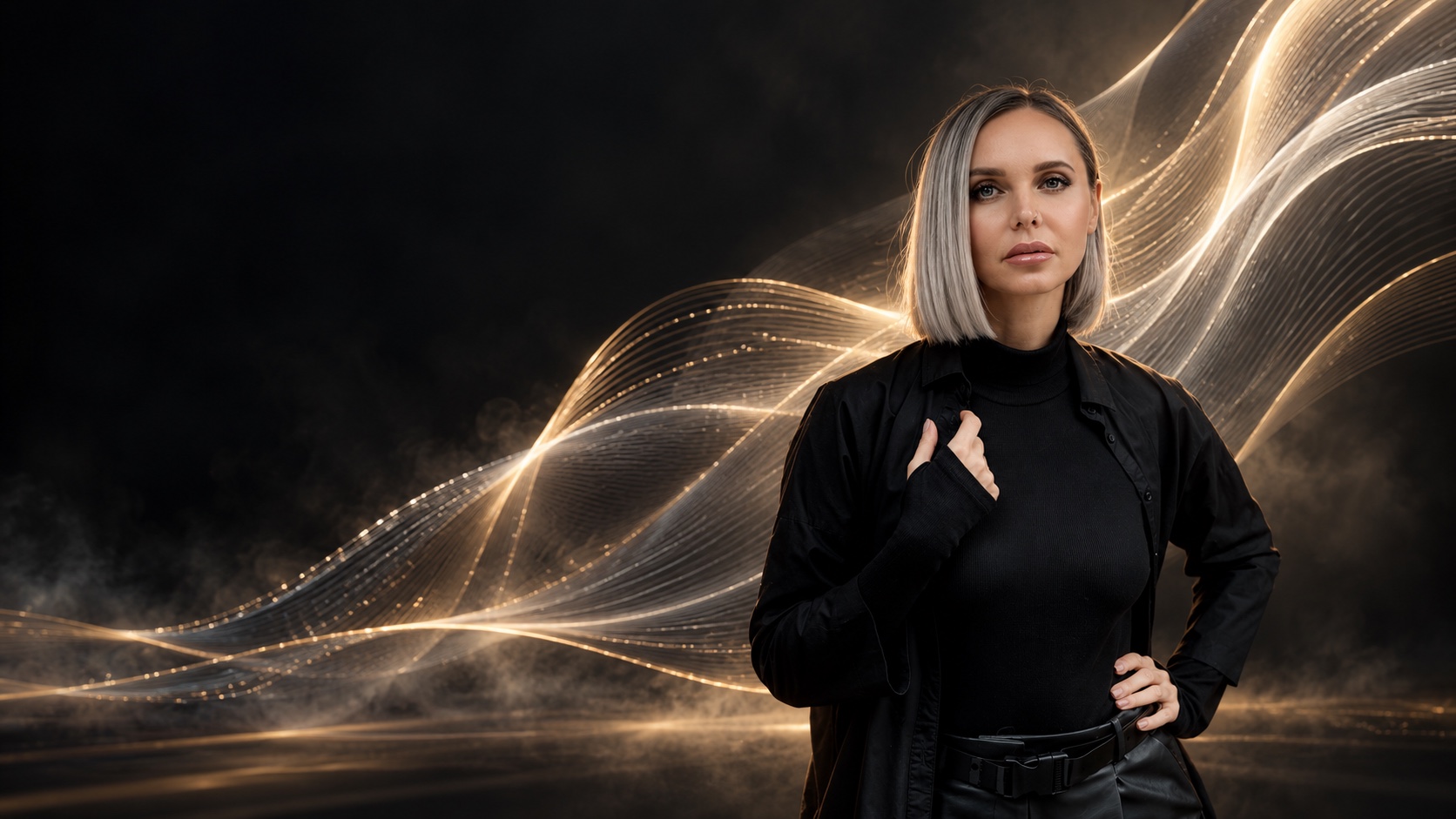 Natalie Gioia surrounded by flowing gold and silver light